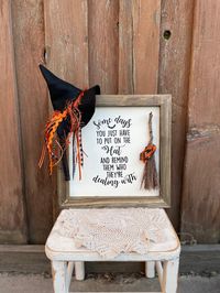 Happy Fall and Halloween!! Be sure to check out our super cute products All orders ship out 48 hours after purchase Hello and welcome to our shop where we love all things holidays! Right now we are loving Halloween!! This sign brings the perfect blend of farmhouse and Halloween. The sign is framed and comes ready to be hung on the wall. The style of the sign is farmhouse with a light whitewash on the wood. The lettering is vinyl on this sign. The broom is constructed from a wooden stick and tied