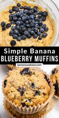 These super simple Banana Blueberry Muffins are a combo of your two favorites: blueberry muffins and banana bread. 10 minutes to prep and a perfect way to use up ripe bananas. Bursting with fresh berries and so delicious!