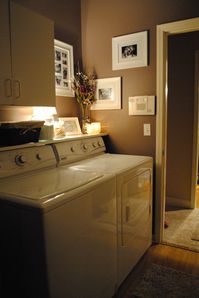 Saw this idea on Pinterest, so I went and added a shelf above our washer and dryer and added all of the other cuteness!