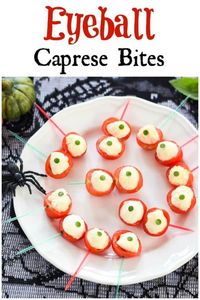 Spooky Eyeball Caprese Bites Recipe - this fun easy Halloween food is perfect for Halloween party food snacks and kids lunch boxes   #EatsAmazing #Halloween #halloweenfoods #halloweenrecipes #partyfood #healthyHalloween #Halloweenparty #caprese #easyrecipe #funfood #kidsfood