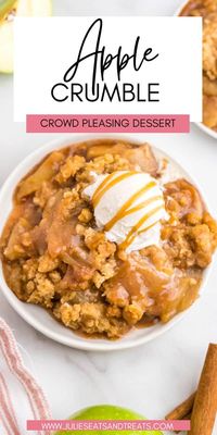 It's apple season and this delicious and easy Apple Crumble recipe is perfect. A delicious caramelized apple filling that's topped with a crumble topping. Serve it warm with a scoop of vanilla ice cream for a crowd pleasing fall dessert.