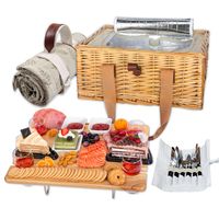 Hap Tim Wicker Picnic Basket Set for 4 with Mini Folding Wine Picnic Table & Large Insulated Cooler Bag & Cutlery Service Kits for 4 Person, Couples Gifts, Wedding Gifts (CA2307-4-CM)