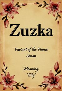 Zuzka, a Czech or Slovakian variant of the name “Susan” meaning “lily.”  Name found in “Variants of Classic Names” by Elbie Atler.