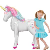 This refillable unicorn balloon brings the iconic mystical creature to life. It features a pastel mane a flower crown and colorful stars all down its back. Attached weights keep it on the ground so it's free standing and can gallop and glide around with your little one on the reins. Gliding Enchanted Unicorn Foil Balloon product details: 42in wide x 46in tall Includes Weights Instructions Self-sealing Reusable Foil Assembly required