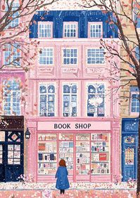 Discover the enchanting allure of our captivating canvas print titled 'Charming Pink Bookshop,' an artwork that evokes the charm of classic Impressionist styles. This piece captures the heartwarming beauty of a quaint bookshop adorned in soft pink hues, inviting viewers to immerse themselves in a whimsical winter atmosphere. With delicate falling snow and lively details displayed in the shop windows, this artwork radiates warmth and nostalgia, perfect for any lover of literature and art.  In its design, this original piece embraces the joyful simplicity often found in Impressionist work, breathing life into the gentle streets of where stories come alive. The pink facade of the bookshop, contrasted by deep blue accents and autumnal leaves, harmonizes beautifully, creating an inviting focal