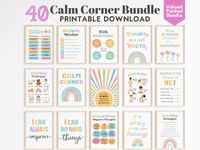 "Beautifully designed vibrant 40 Calm Down Corner Classroom Printable Poster Set of 30 is perfect as an decor for your home, office and classroom. Curated wall art prints to help you create a calming, safe & cosy space whether you're a parent, therapist, teacher or counselor. ⭐ Value-packed bundle of 40 Calm Down Corner Printable Posters ⭐ Teach healthy coping skills and calming strategies ⭐ Fun and easy to use 👉 Get yours today! [FREE BONUS WORTH $10] Limited Time Only  ♥ You will receive 30 M