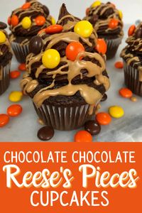 Chocolate Chocolate Reese’s Pieces Cupcakes | All the Sweets