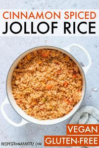 This Cinnamon Spiced Jollof Rice recipe is just the thing to spice up your holiday table! Jollof Rice is a traditional West African spiced tomato rice that is served at celebrations such as Christmas, weddings and birthdays. No special occasion is complete without it. Put a different twist on your Christmas meal and serve delicious Jollof Rice alongside your main course. #christmasrecipes #jollofrice #sidedish #rice #cinnamon #christmas via @recipespantry