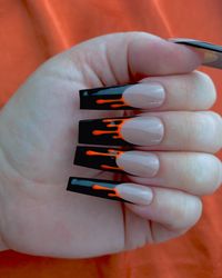 a slimy twist on the classic twist,black french tips withneonorange slime dripsdesignedby keara (@thenailvibes)! made to order! 7-28 day lead time.upon purchase, we will reach out Baddie nails, Winter nails, Fall nails, October nails ideas, Winter nails 2022, acrylic coffin nails, nail ideas for prom, press on nails, nail polish, long nails, nail ideas, trendy Winter nails, bold nails, baddie nails #nails #nailinspo #nailart #Winternails #nailideas #coffinnails #baddie Credit:Pamper Nail Gallery