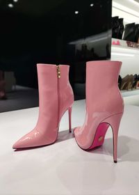 Pink beauties. Pink shiny ankle boots with 12cm stiletto heels, beautiful pink soles and an inner zipper.