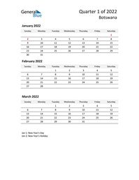 Free quarterly calendar for Botswana with holidays. Holiday calendars in PDF, Word, and Excel are printable and easy to customize.