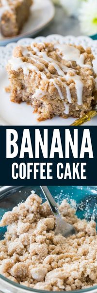 This Banana Coffee Cake is a great way to use up any super-ripe bananas you might have lying around! With a moist, fluffy, vanilla banana-flavored interior and a crisp buttery streusel topping drizzled with an optional glaze, this is a unique and delicious coffee cake recipe!