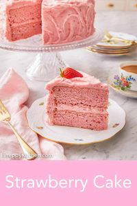 You will fall in love with this fresh Strawberry Cake made with a homemade strawberry reduction. It's moist, tender, and the most beautiful shade of pink! This recipe combines layers of strawberry flavored cake with strawberry flavored cream cheese frosting, so you get fresh strawberry flavors with every bite.