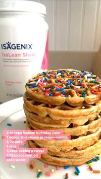 Protein waffles made with Isagenix birthday cake protein mix. Isalean, tri release protein, oats, baking powder, coconut oil and water.