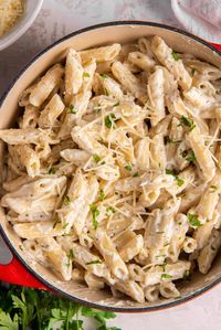 This easy Alfredo Penne Pasta comes together in just a few steps in less than 20 minutes! Serve the creamy pasta on its own or with protein.