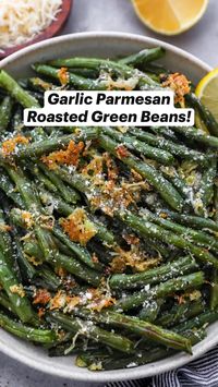 20min · 4 servings     Ingredients:  • 1 – 1½ lbs. green beans  • 2 Tbsp avocado oil (or olive oil)  • 6 garlic cloves  • ¼ cup grated parmesan  • ½ tsp salt*  • ½ tsp black pepper  • Lemon, to squeeze over the top (optional)