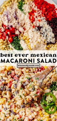 If you're a fan of Mexican flavors, you've got to try this Mexican macaroni salad recipe. It takes a classic macaroni salad and adds authentic Mexican flare with roasted corn, black beans, bell peppers, and the best creamy Mexican dressing. It's easy to make and goes with everything! Add chicken or ham for extra protein.