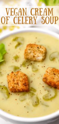 This rich and creamy vegan cream of celery soup is vegan comfort food at its best!  This celery soup can be made with your choice of plant-based milk and even be made gluten-free, soy-free, and nut-free. thehiddenveggies.com