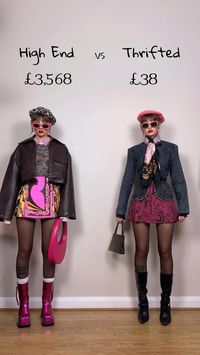 Trifted outfit inspiration   • Trifted outfit ideas   • maximalist style  • High end fashion style vs trifted style   • Brown leather jacket with a pink skirt and a grey sweater   • Denim jacket with a red skirt and boots