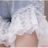 Qteee - Premium High-Waisted Denim Shorts with Exquisite Pearl Accents and Lace Stitching