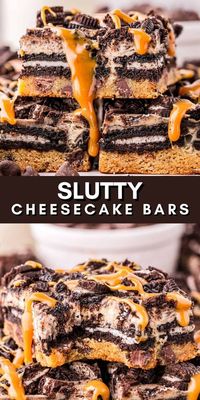 Layers of chocolate chip cookie dough, Oreos, and cheesecake, these Slutty Cheesecake Bars are all the perfect flavors in one single bite. If you have been looking for that show stopping dessert that everyone will fall head over heels for, then you absolutely need these Slutty Cheesecake Bars. These dessert bars are great for every occasion. Save this recipe!