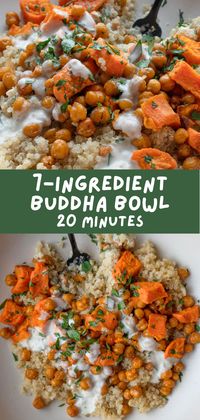 7-ingredient Lazy Buddha Bowl with crispy roasted chickpeas, candied sweet potatoes, and a Creamy Garlic Sauce that packs in flavor. Meal prep this recipe for a quick weeknight dinner the whole family will enjoy.