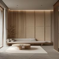 “In a world full of noise, Japandi style offers a visual whisper, serene and unobtrusive.” The spaces are characterised by a serene and unobtrusive aesthetic, featuring natural wood tones, clean lines, and a muted colour palette. Furniture pieces are low-profile and built-in, enhancing the sense of simplicity and flow. Light is softly diffused through woven panels, creating a warm and inviting atmosphere. The design emphasise calmness and order, making each room feel like a tranquil retreat ...