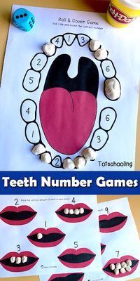 FREE teeth printable games for dental health theme in preschool, featuring number recognition and counting activities.