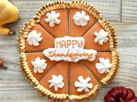 Thanksgiving is right around the corner! The best of two worlds have come together pumpkin pie or many pies in cookies? Our simply delicious vanilla-bean sugar cookies, are decorated with royal icing, to resemble a real pumpkin pie, cherry, apple, or pecan pies complete with a customizable center cookie plaque. The cookie plaque's shape will vary based on the actual message chosen. (Please note: The mixed pie is shown without the message cookie plaque, but it does come with one) You get a total