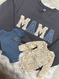 The perfect keepsake MAMA sweatshirt! After purchasing you will mail us your onesie that you’d like to be used for the MAMA letters Please leave seller a note if you’d prefer a different sweatshirt color This listing does not include personalization on the collar, if you'd like the names on the collar please add this listing: https://www.etsy.com/listing/1075905739/names-on-collar-add-on