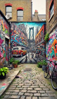 Step into an alley transformed into a vibrant canvas of street art, showcasing the creativity and spirit of the urban art scene.