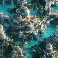 Step into a mystical realm with our "Atlantis v1" repeating tile image, a captivating homage to the legendary lost empire of Atlantis. Immerse yourself in the grandeur of a fantasy city adorned with white marble domes, gold-accented towers, and lush vegetation, all surrounded by serene blue-green waters. This stunning visual captures the essence of an ancient world, where magnificent coastal domes, grand temples, and intricate arches evoke the lost glory of Atlantis. The detailed architecture, inspired by ancient Greek and Roman styles, showcases towering columns, expansive archways, and opulent dome designs, set against a vibrant background of water canals and small islands dotted with unique structures. Discover more breathtaking fantasy designs here: https://oneonionfactory.etsy.com Thi