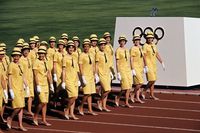 1964 _ "At the Tokyo National Stadium, the Australian athletes parade during the opening ceremony of the XVIII Olympic Games, wearing an attractive and elegant yellow outfit. Tokyo (Japan), October 10th, 1964.