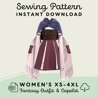 "‼️ BIG SALE ‼️  Save 60% on all orders of 5+ patterns! Code: 3FREE Save 70% on all orders of 10+ patterns! Code: BUY10 Fantasy Outfit & Capelet Sewing Pattern ➽ INSTANT DOWNLOAD Create a cosplay for your next convention or ren faire with the help of this sewing pattern! Pattern includes PDF files for 8 sizes for a hooded capelet, dress, skirt, vest and fingerless gloves. ✤ THIS IS A DIGITAL DOWNLOAD SEWING PATTERN ✤ Download includes: ✔ 37-page Illustrated Instruction Guide, Yardage & Supplies