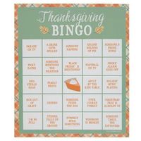 Dimensions: 7" x 6" Material: Paper Color: Orange, Green, Cream & Yellow Pattern: Plaid Age Grade: 5+ Quantity: 1 Set Set Includes: 16 - Bingo Cards 3 - Perforated Calling Cards 4 - Perforated Card Markers 1 - Instruction Sheet Have some good ol' fashioned family fun with this Thanksgiving Bingo Game. This cute and charming game is a unique Thanksgiving-themed take on the classic game of Bingo. Instead of numbers in each space, there are events that are likely to happen at your holiday celebrati