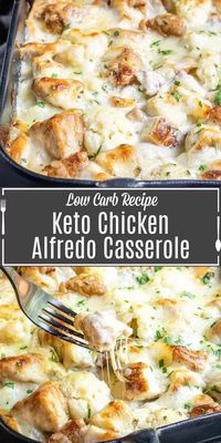 Keto Chicken Alfredo Casserole is an easy, cheesy low carb meal packed full of chicken, cheese, and cauliflower. It's the perfect keto dinner solution for feeding the whole family.   Use shredded rotisserie chicken or make your own, add it to steamed cauliflower and cover with a homemade keto alfredo sauce and more cheese. It's an easy keto dinner idea that everyone will love. #ketorecipe #ketodiet #keto #lowcarb #chicken #cheese