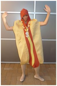 Day 338: Hot Dog costume. Theme Me is a blog that follows a personal challenge to dress to a different theme every day for a whole year.