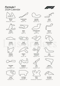 Complete Formula 1 2024 season calendar with dates and circuit outlines. A digital file perfect for printing in A2, A3 or A4 sizes. Includes dates, track names and countries of races. If you'd like to request any colour changes or personalisations please message me. THIS IS A DIGITAL PRINT ONLY