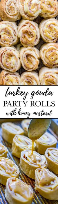 Turkey gouda party rolls | Easy, delicious rolls with a honey mustard glaze, with a simple make-ahead option. Perfect party appetizer or quick lunch! #partyfood #leftoverturkey