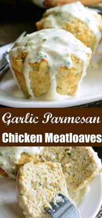 Garlic Parmesan Chicken Mini Meatloaves. Juicy, flavorful chicken meatloaves topped with an addicting creamy Parmesan sauce. These individual meatloaves are perfect for dinner or an after-school snack. #chicken #meatloaf #sauce #groundchicken