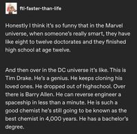 im pretty sure bruce got a degree in economics or business in some continuity but cass never went to school tim dropped out of high school dick dropped out of college jason died like the most academically qualified people r a butler whose education was at best from the 80s and the 13 year old raised by assassins like do u ever think duke asks them a question about how the school system works and theyre all just clueless