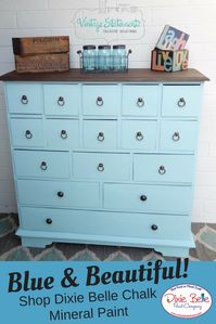 Make a bold statement with a blue, beautiful dresser! Use Dixie Belle chalk mineral paint for a makeover. #dixiebellepaint #bestpaintonplanetearth #chalklife #homedecor #doityourself #diy #chalkmineralpaint #chalkpainted #easypeasypaint #makingoldnew #whybuynew #justpainting #paintedfurniture