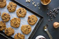 10/10 Flourless  Chocolate Chip Cookies ( 1 c nut butter, 1 egg, 1/3 c b. s., 1/4 t baking soda, 1/4 t vanilla,  1/8 c choc. chips. tiny pinch salt.  @ 325 - 10 min. (May have used 1/2 c  br. ??)