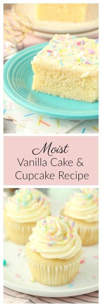 This perfectly Moist Vanilla Cake Recipe is a more dense cake with a tight crumb. Instead of light and fluffy this is more like a sponge cake. It's packed full of vanilla and after the first bite, you know it’s homemade. This recipe can make either a vanilla cake or a vanilla cupcakes.