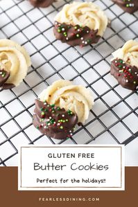 These are the perfect gluten free cookies! If you haven' tried butter cookies, they are crisp on the outside and tender on the inside. Dip them in chocolate and sprinkles to make beautiful Christmas cookies. Perfect for cookie exchange parties, gift giving, holiday parties, or anytime you want gluten free  cookies. fearlessdining #butter #christmascookies #glutenfreecookies