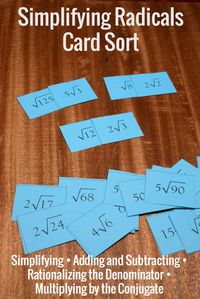 My algebra and geometry students always need extra practice simplifying radicals. This card sort activity helps them practice and is so much better than a worksheet! This works great for middle school or high school. Includes: simplifying radicals, adding and subtracting, rationalizing the denominator, and multiplying by the conjugate