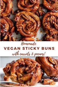 The best Vegan Carrot Cake Sticky Buns! Like a carrot cake cinnamon roll, carrot cake, and vegan sticky bun recipe is one. These easy sticky buns can be made same day & have an overnight option.Carrot Cake Pecan Rolls made from scratch are truly the best homemade vegan brunch recipe. Carrot Cake Cinnamon Rolls topped with a ooey gooey pecan sticky sauce. #veganstickybuns #vegancinnamonrolls #carrotcakebuns #carrotcakerolls #stickybuns #veganrecipes #sgtoeats