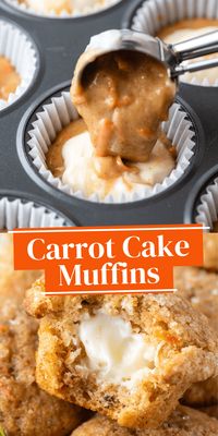 Start your morning off on the right foot with these irresistible Carrot Cake Muffins with cream cheese filling! Moist and flavorful muffins packed with grated carrots, spices and a surprise filling of creamy, tangy cream cheese.