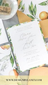 The Tropical Orange watercolor wedding invite has a beachy wedding feel to it. We imagine a tropical island wedding with this suite, and the back of the invitation serves as an art piece for your guests to enjoy year after year! Mix and match envelope and text colors to make this wedding invite ideal for your Big Day.