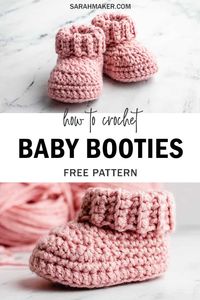 Free Pattern to make Classic Crochet Baby Booties with a Ribbed Cuff you can fold down to make baby shoes that actually stay on!